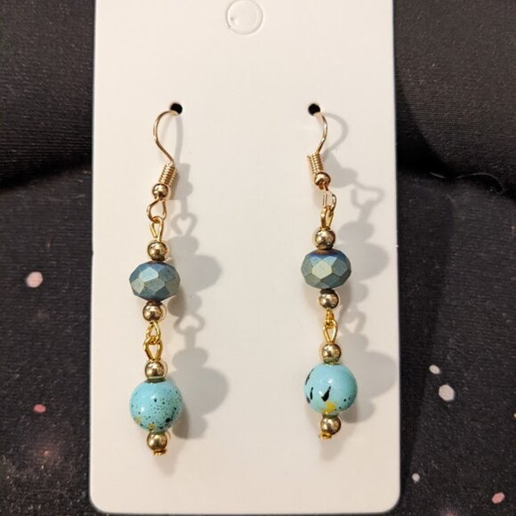 SOLD Speckled Teal Drop Earrings - Picture 2 of 5